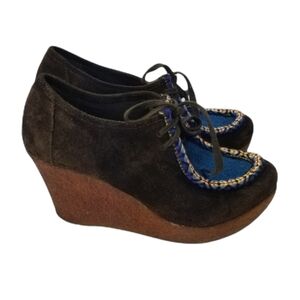80%20 anthropologie brown suede blue tie wedge crepe sole booties 6.5